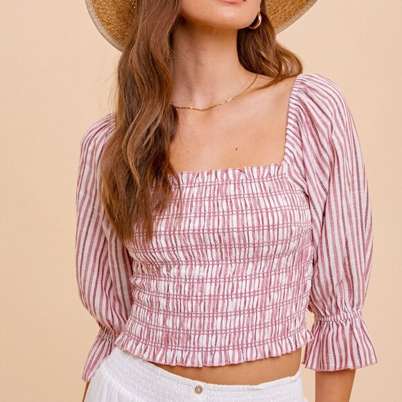 HEM & THREAD Red Striped Smocked Puff Sleeve Top, Square Neck Boho Blouse - Picture 1 of 5